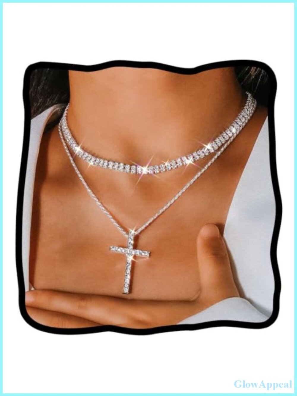 Layered Rhinestone Cross Choker Necklace Tennis Chain Crystal Jewelry